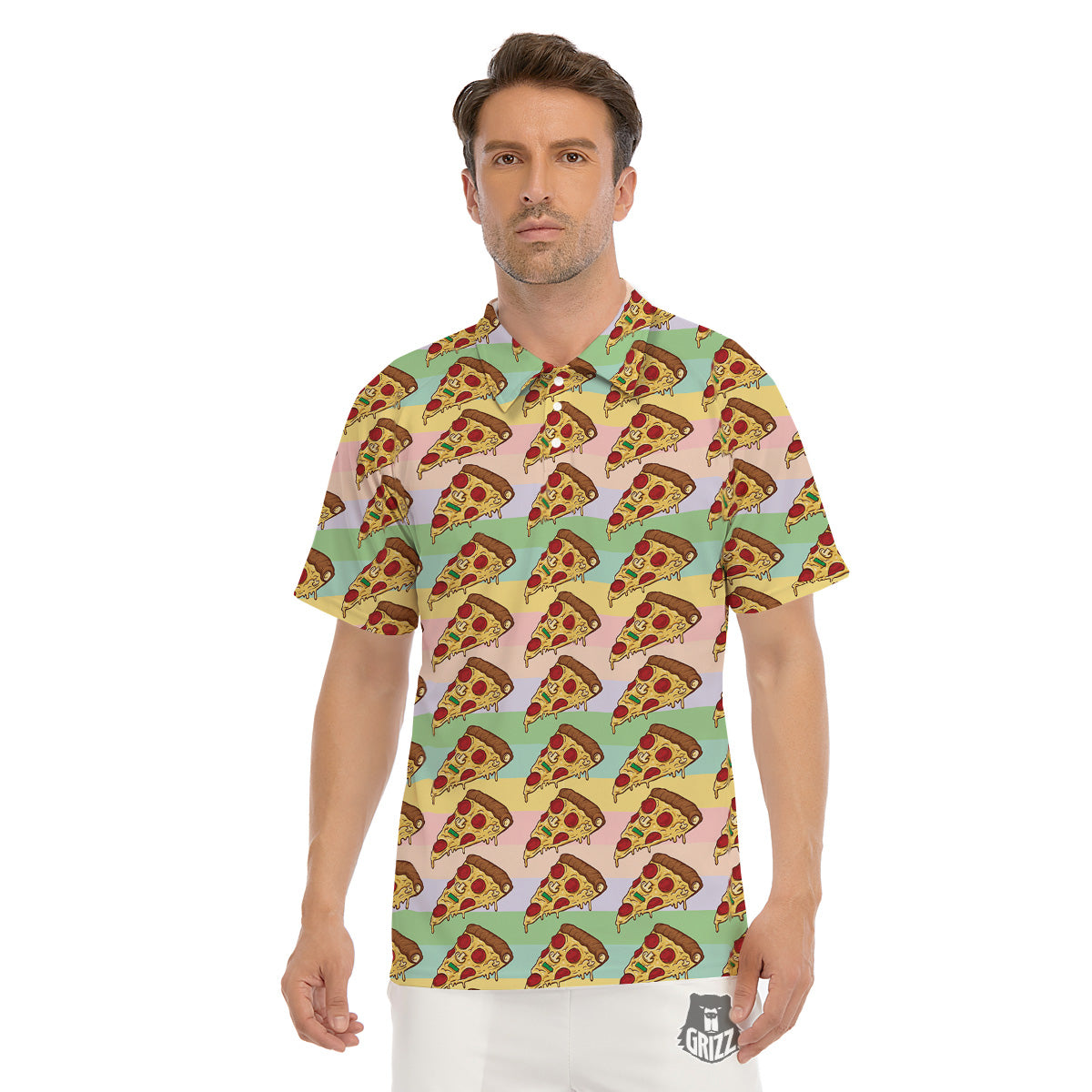 Colorful Pizza And Stiped Pastel Print Pattern Men's Golf Shirts-grizzshop