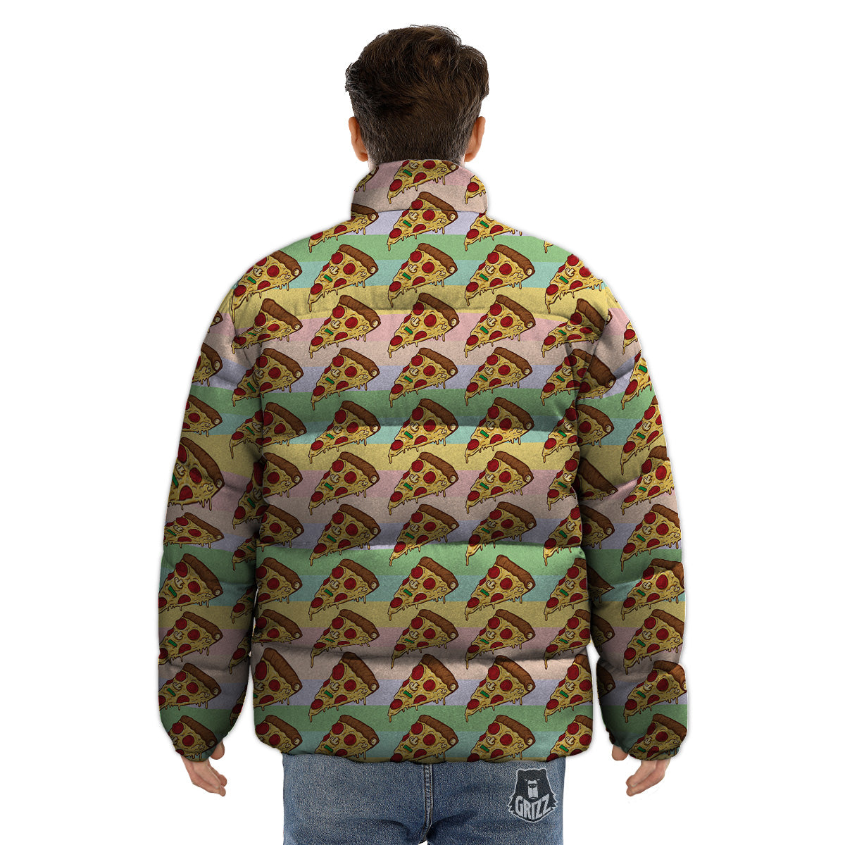 Colorful Pizza And Stiped Pastel Print Pattern Puffer Jacket-grizzshop