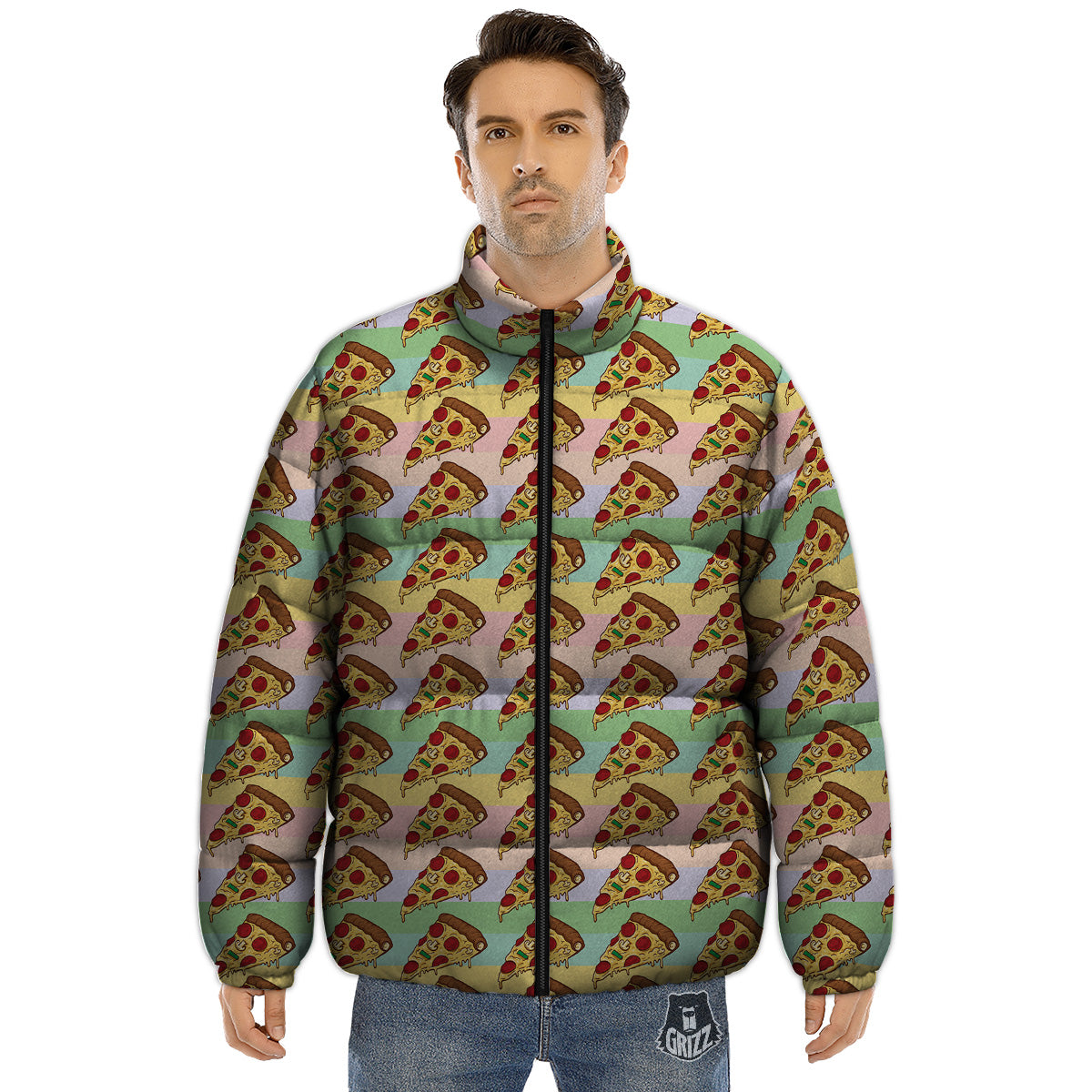 Colorful Pizza And Stiped Pastel Print Pattern Puffer Jacket-grizzshop
