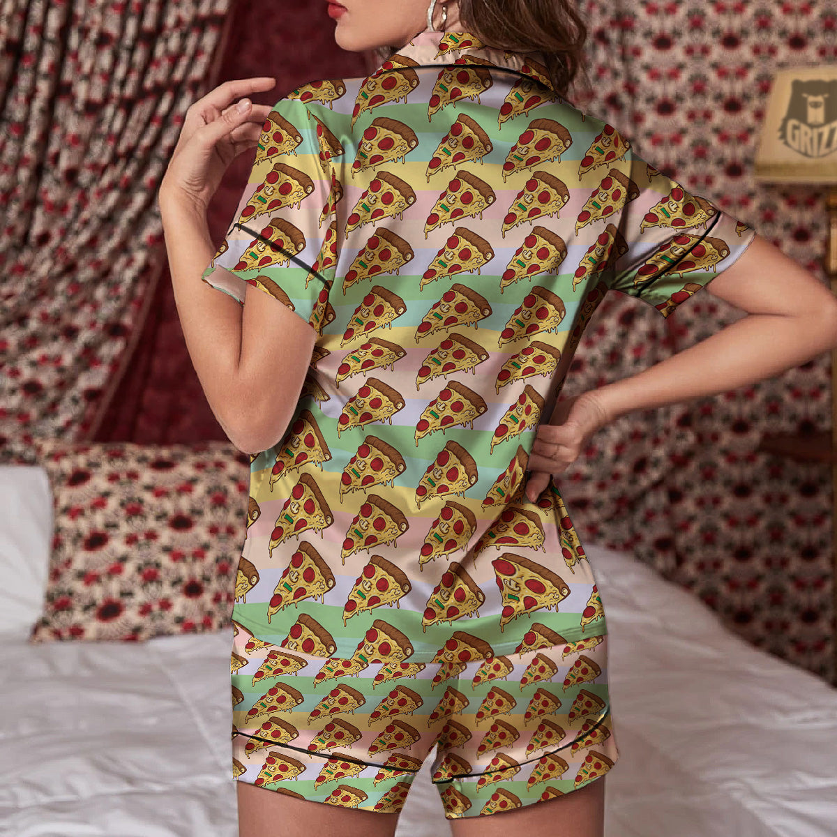 Colorful Pizza And Stiped Pastel Print Pattern Women Silk Pajamas-grizzshop