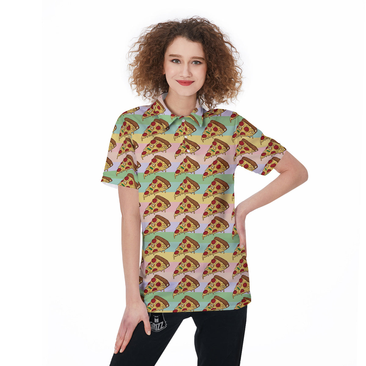 Colorful Pizza And Stiped Pastel Print Pattern Women's Golf Shirts-grizzshop