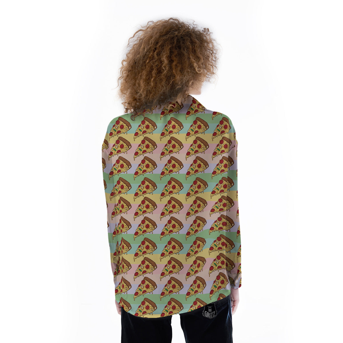 Colorful Pizza And Stiped Pastel Print Pattern Women's Long Sleeve Shirts-grizzshop