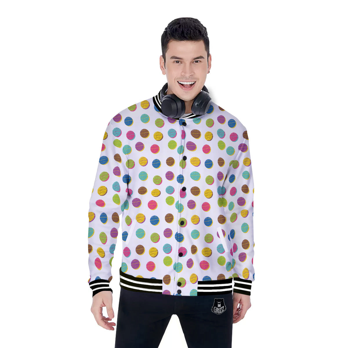 Colorful Polka Dot Hand Drawn Print Pattern Baseball Jacket-grizzshop