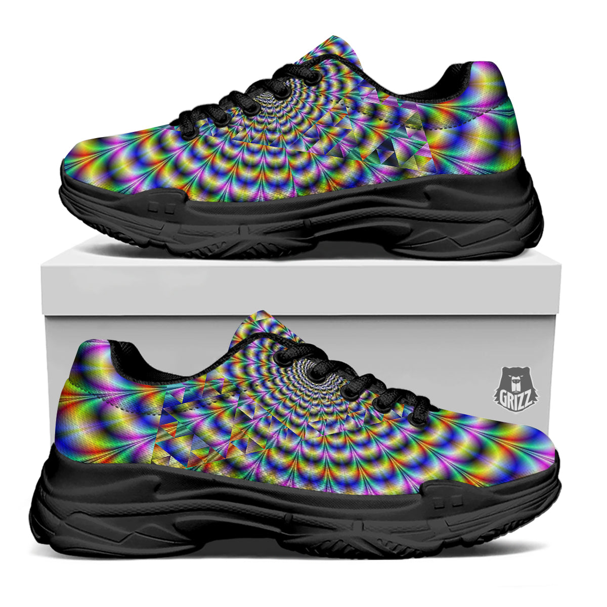 Colorful Psychedelic And Triangle Print Black Chunky Shoes-grizzshop