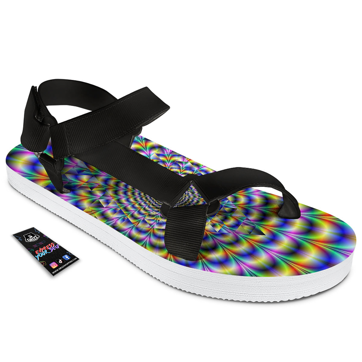 Colorful Psychedelic And Triangle Print Black Open Toe Sandals-grizzshop