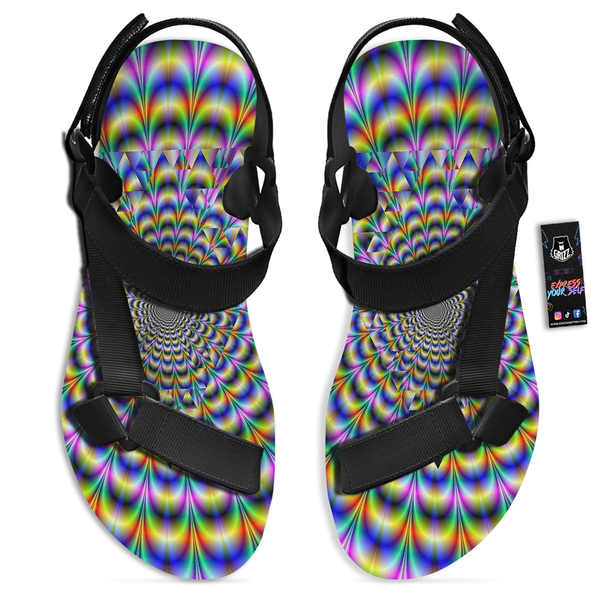 Colorful Psychedelic And Triangle Print Black Open Toe Sandals-grizzshop