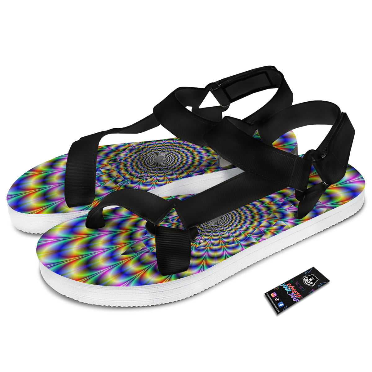 Colorful Psychedelic And Triangle Print Black Open Toe Sandals-grizzshop