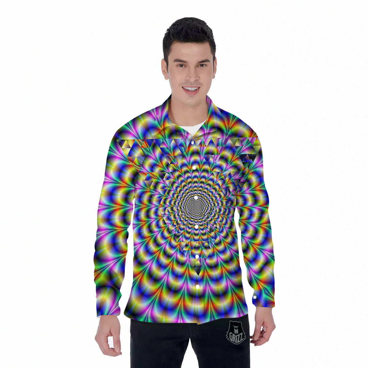 Colorful Psychedelic And Triangle Print Men's Long Sleeve Shirts-grizzshop