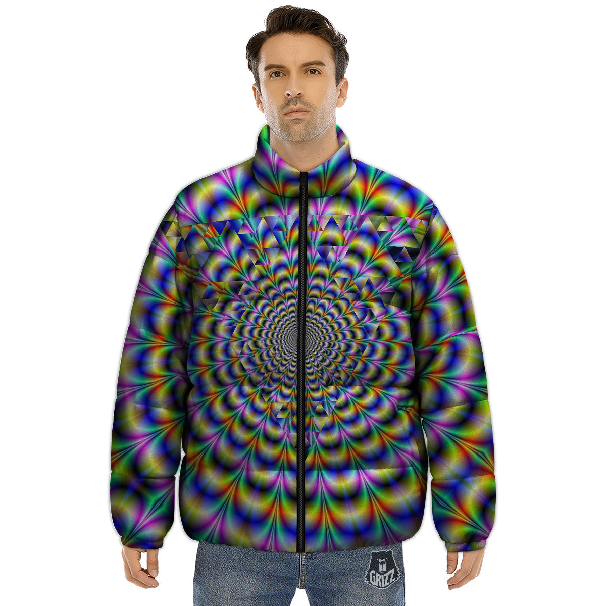 Colorful Psychedelic And Triangle Print Puffer Jacket-grizzshop