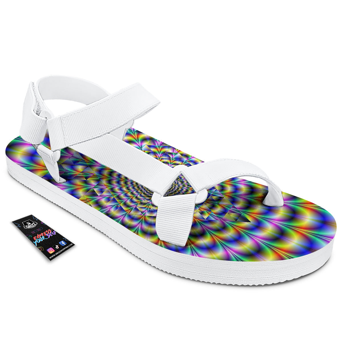 Colorful Psychedelic And Triangle Print White Open Toe Sandals-grizzshop