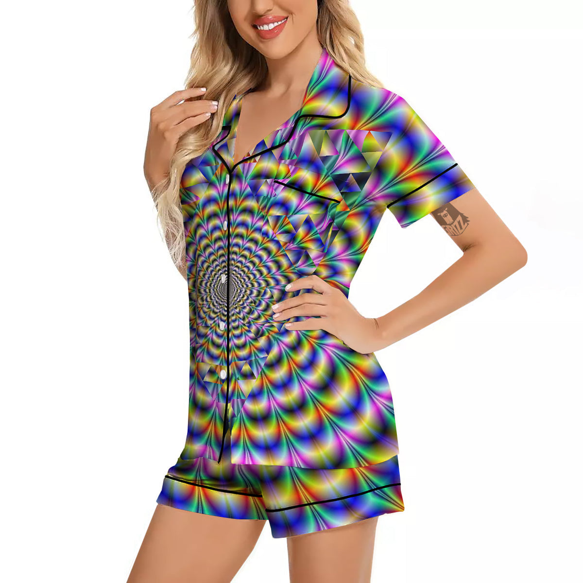 Colorful Psychedelic And Triangle Print Women Silk Pajamas-grizzshop
