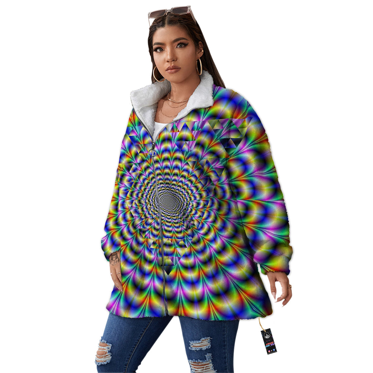 Colorful Psychedelic And Triangle Print Women's Sherpa Jacket-grizzshop