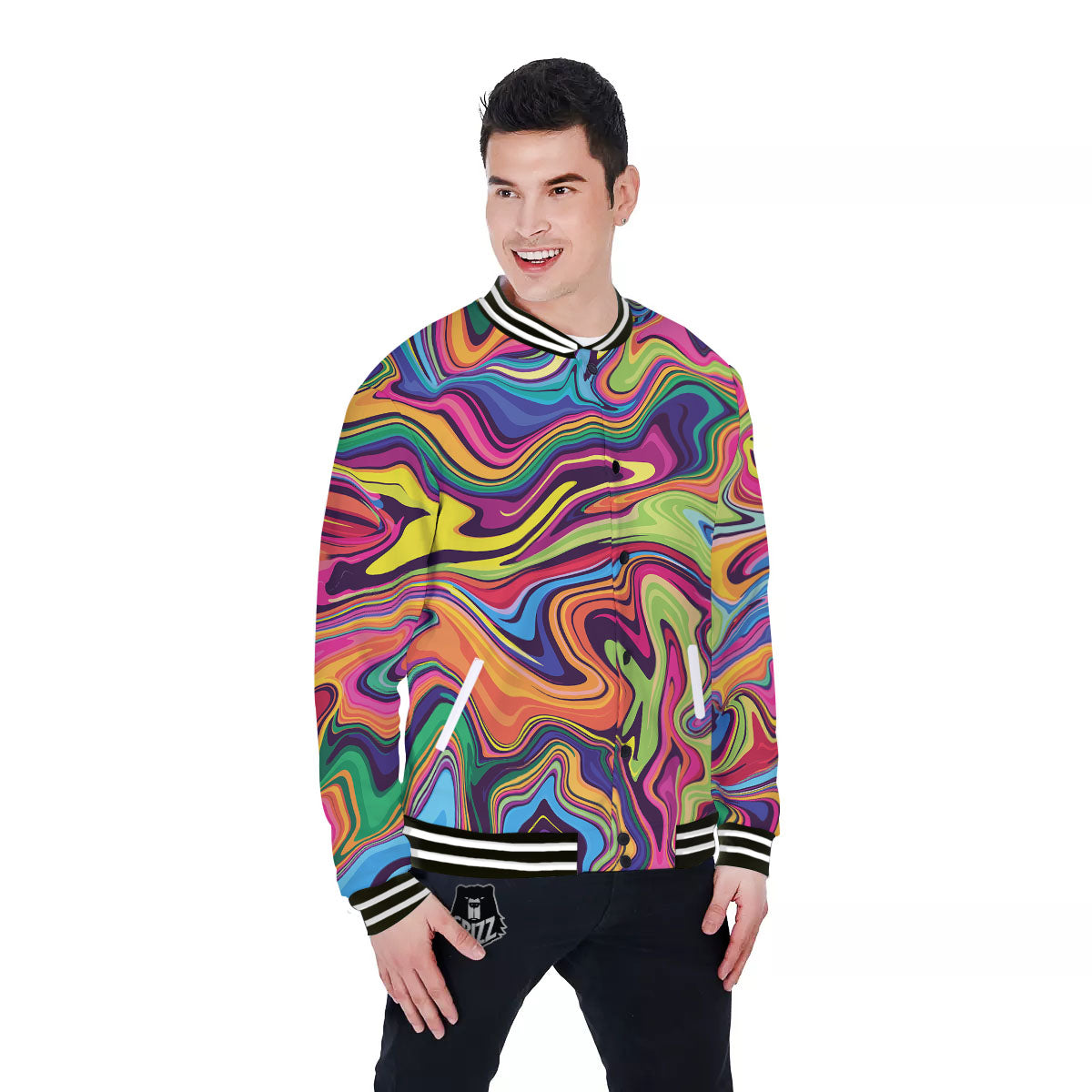 Colorful Psychedelic Print Baseball Jacket-grizzshop