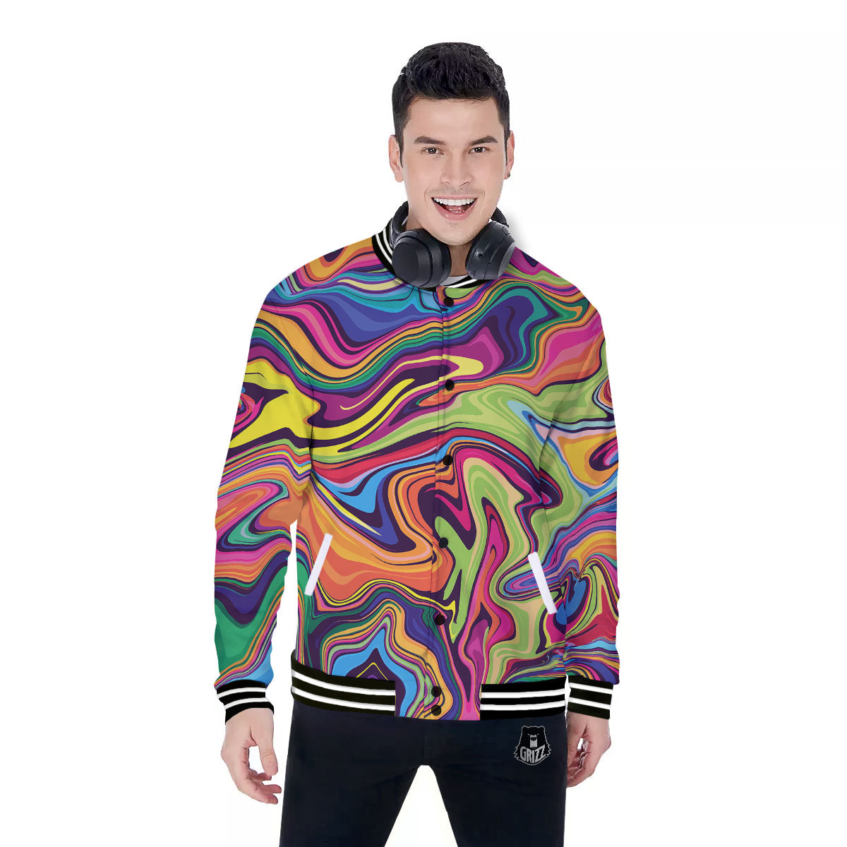 Colorful Psychedelic Print Baseball Jacket-grizzshop