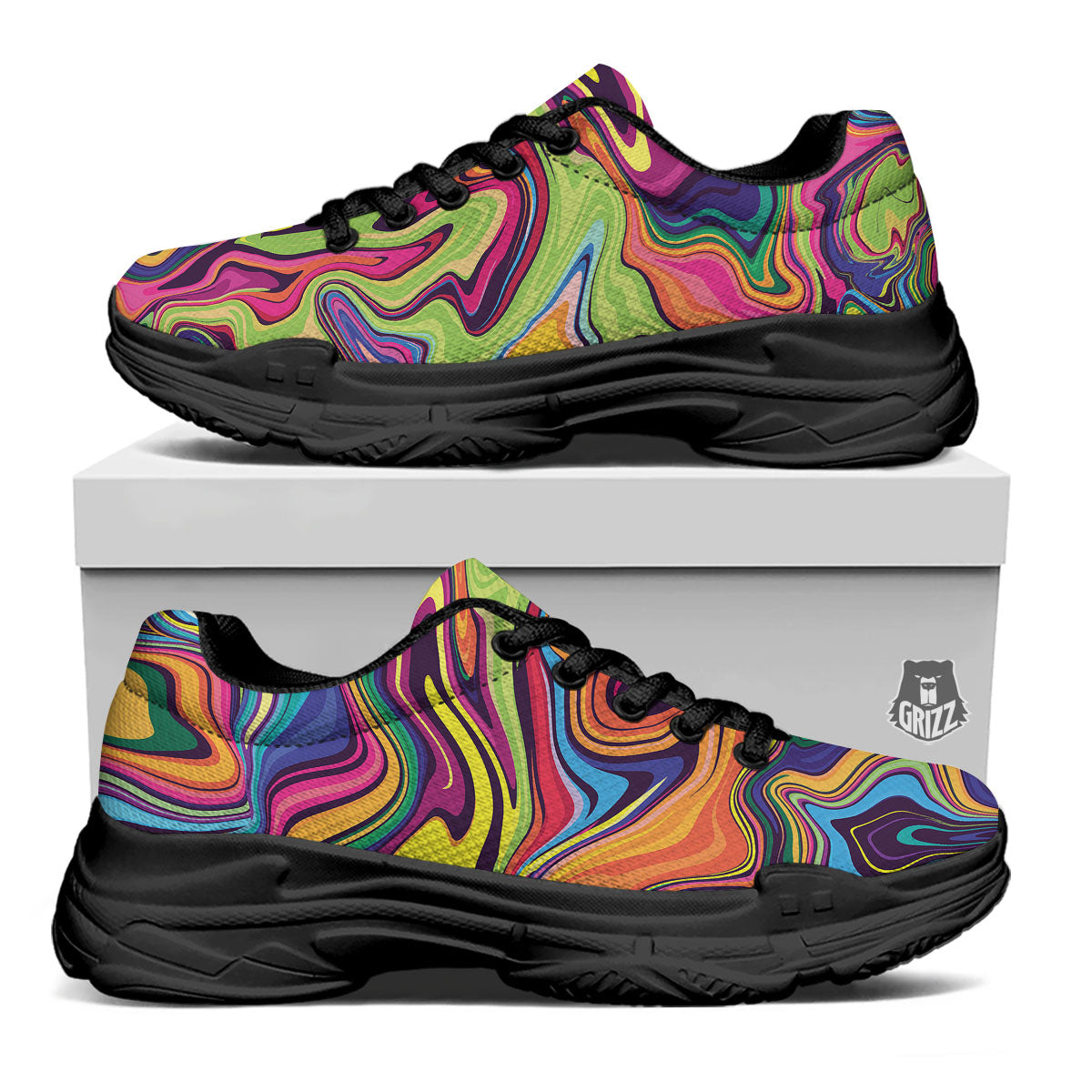 Colorful Psychedelic Print Black Chunky Shoes-grizzshop
