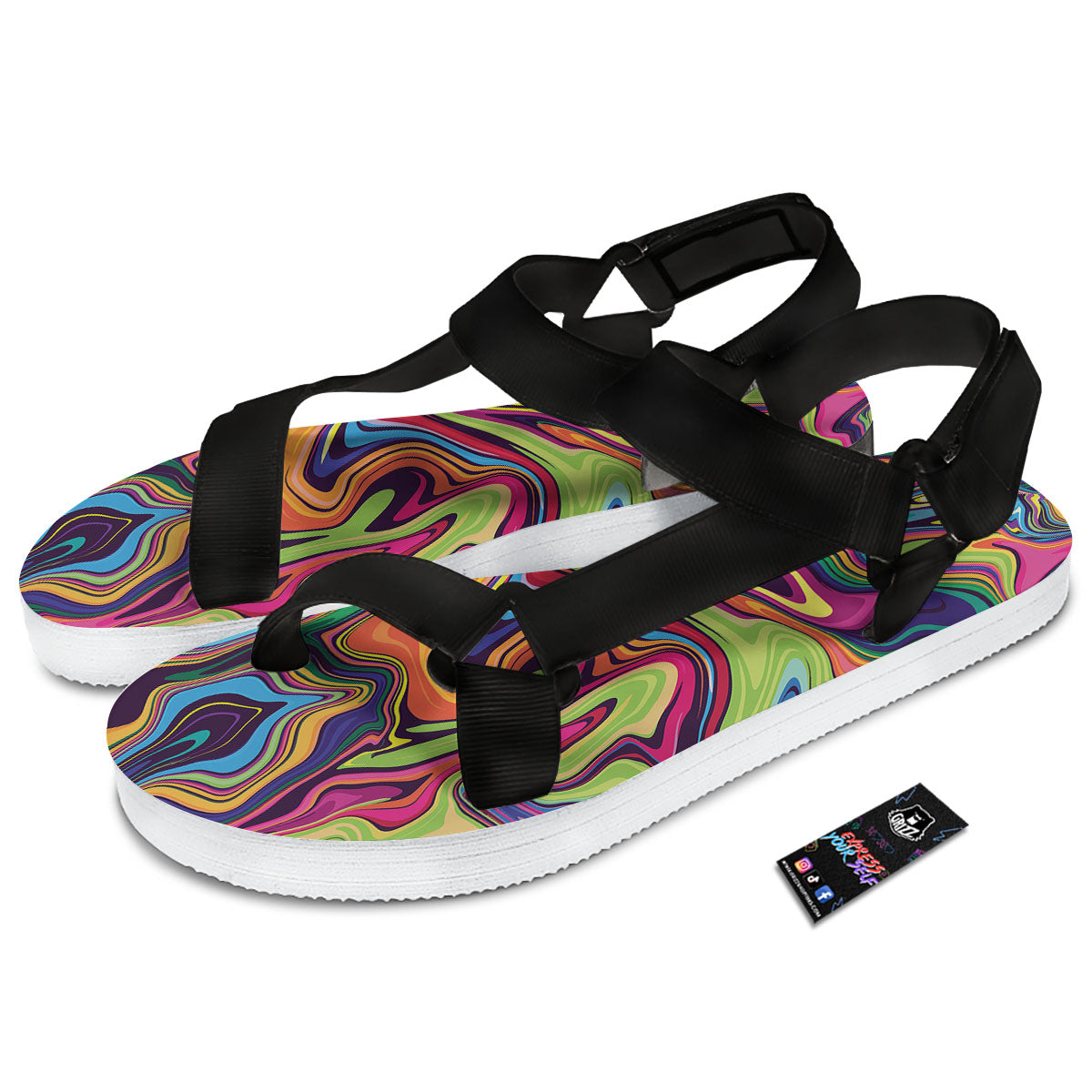 Colorful Psychedelic Print Black Open Toe Sandals-grizzshop