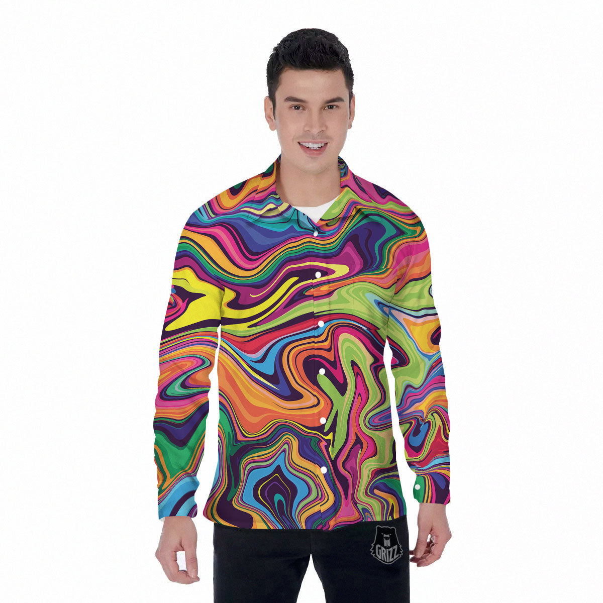 Colorful Psychedelic Print Men's Long Sleeve Shirts-grizzshop