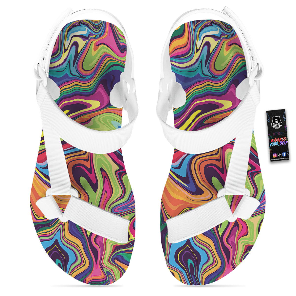 Colorful Psychedelic Print White Open Toe Sandals-grizzshop