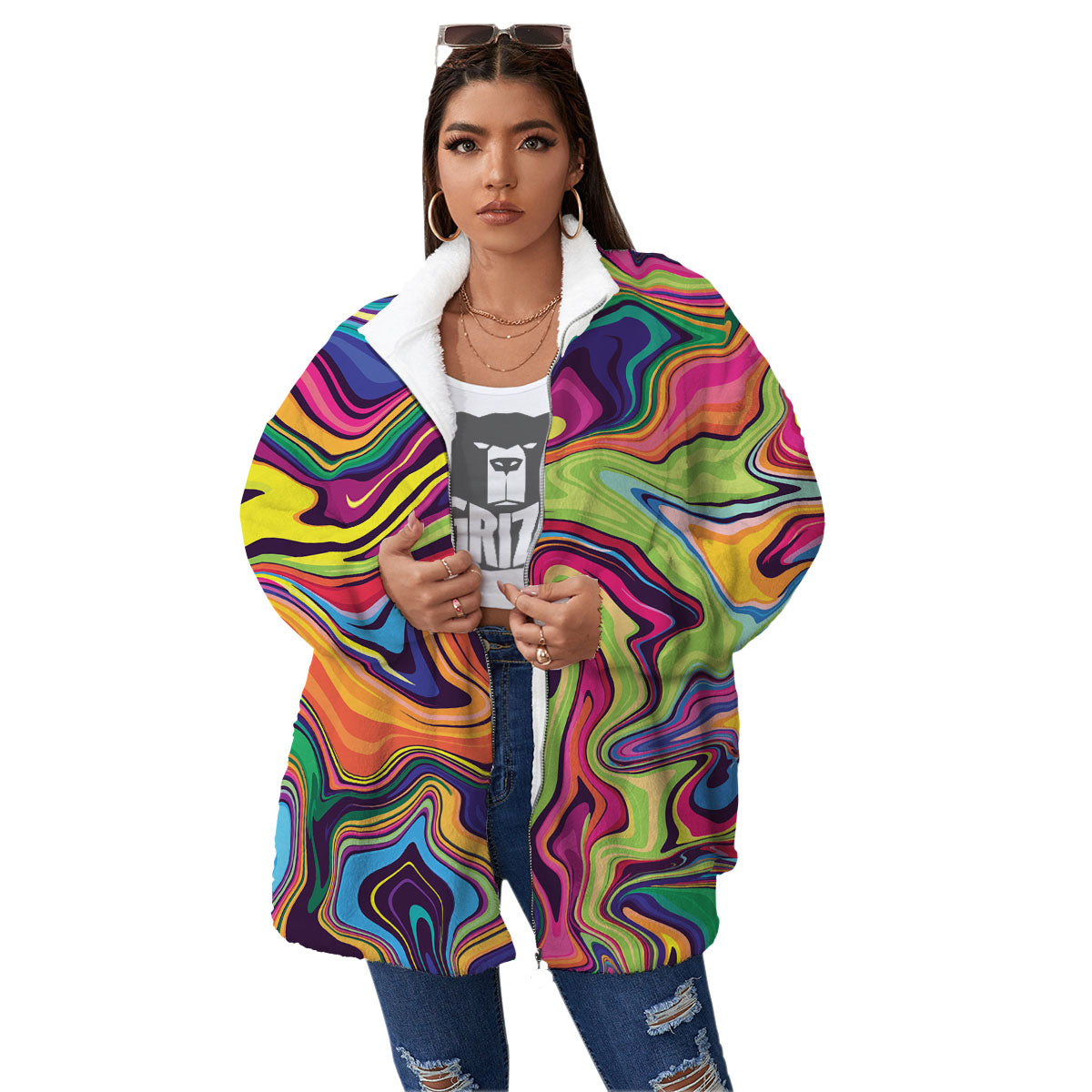 Colorful Psychedelic Print Women's Sherpa Jacket-grizzshop