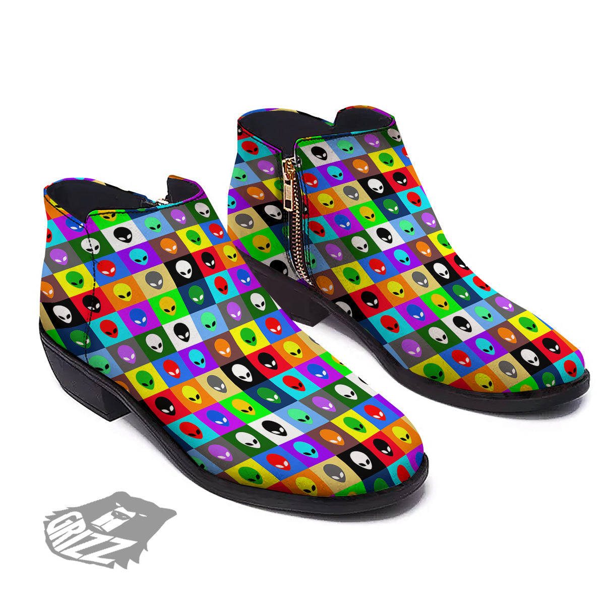 Colorful Retro Aliens Face Print Pattern Ankle Boots-grizzshop