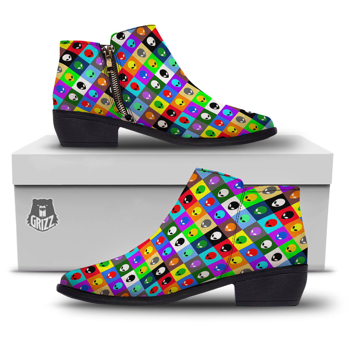 Colorful Retro Aliens Face Print Pattern Ankle Boots-grizzshop