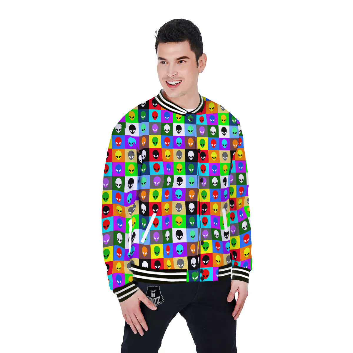 Colorful Retro Aliens Face Print Pattern Baseball Jacket-grizzshop