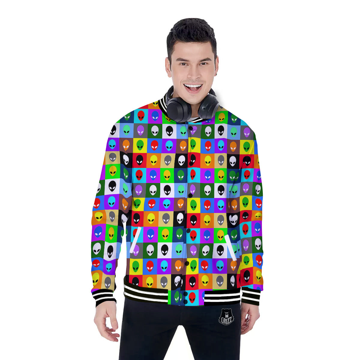 Colorful Retro Aliens Face Print Pattern Baseball Jacket-grizzshop