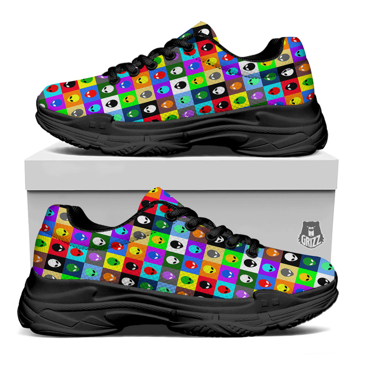 Colorful Retro Aliens Face Print Pattern Black Chunky Shoes-grizzshop
