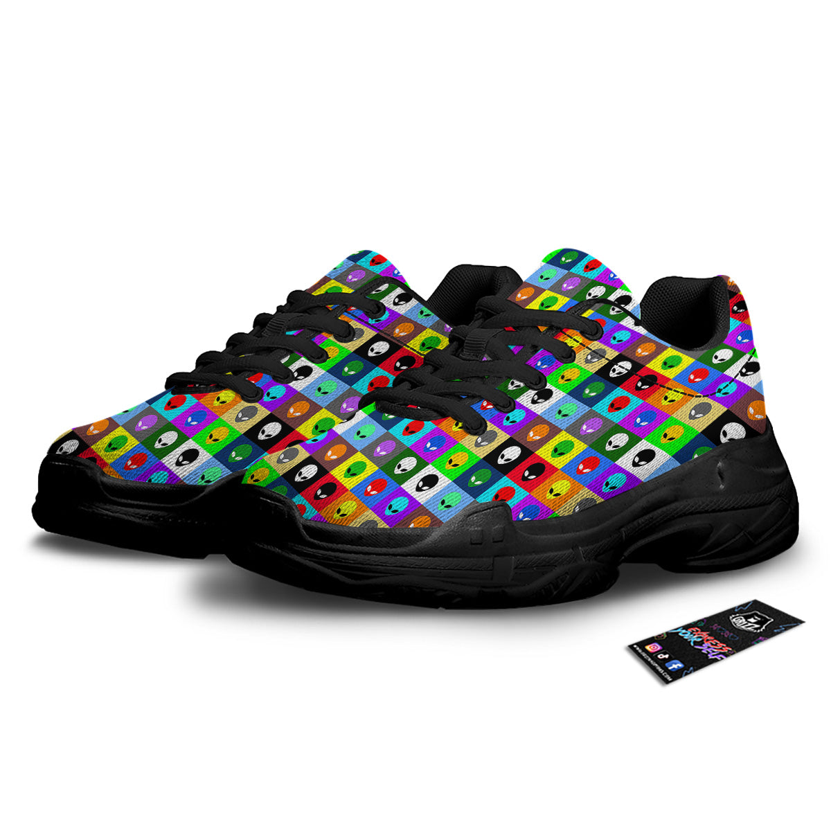 Colorful Retro Aliens Face Print Pattern Black Chunky Shoes-grizzshop