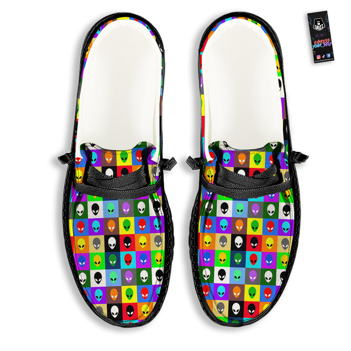 Colorful Retro Aliens Face Print Pattern Black Loafers-grizzshop