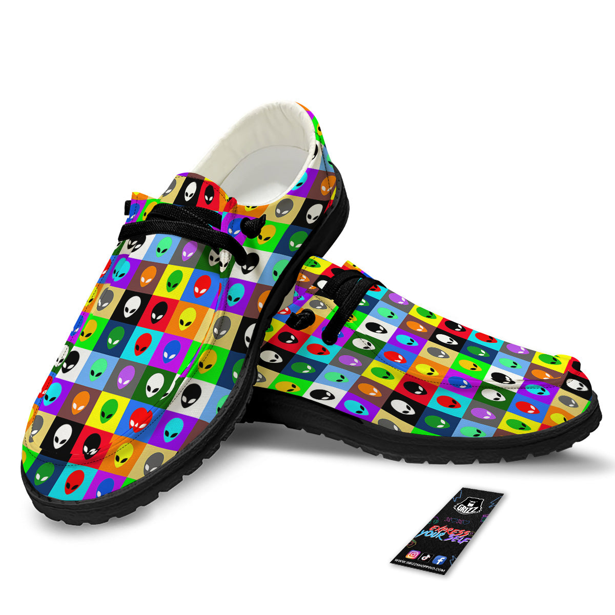Colorful Retro Aliens Face Print Pattern Black Loafers-grizzshop