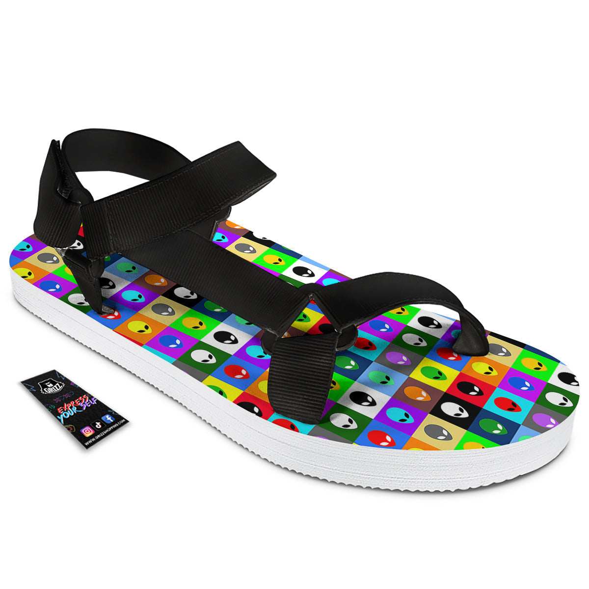 Colorful Retro Aliens Face Print Pattern Black Open Toe Sandals-grizzshop