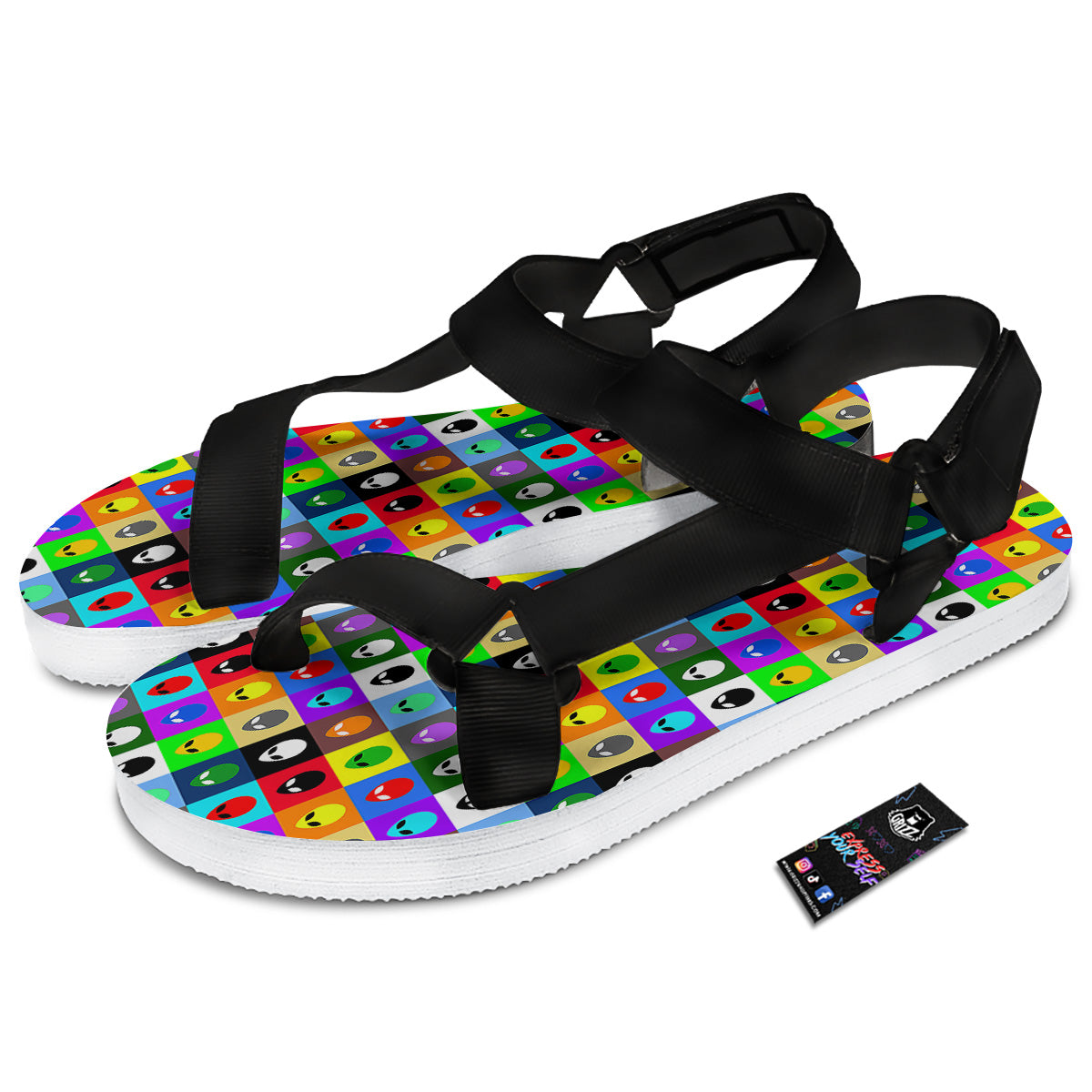 Colorful Retro Aliens Face Print Pattern Black Open Toe Sandals-grizzshop