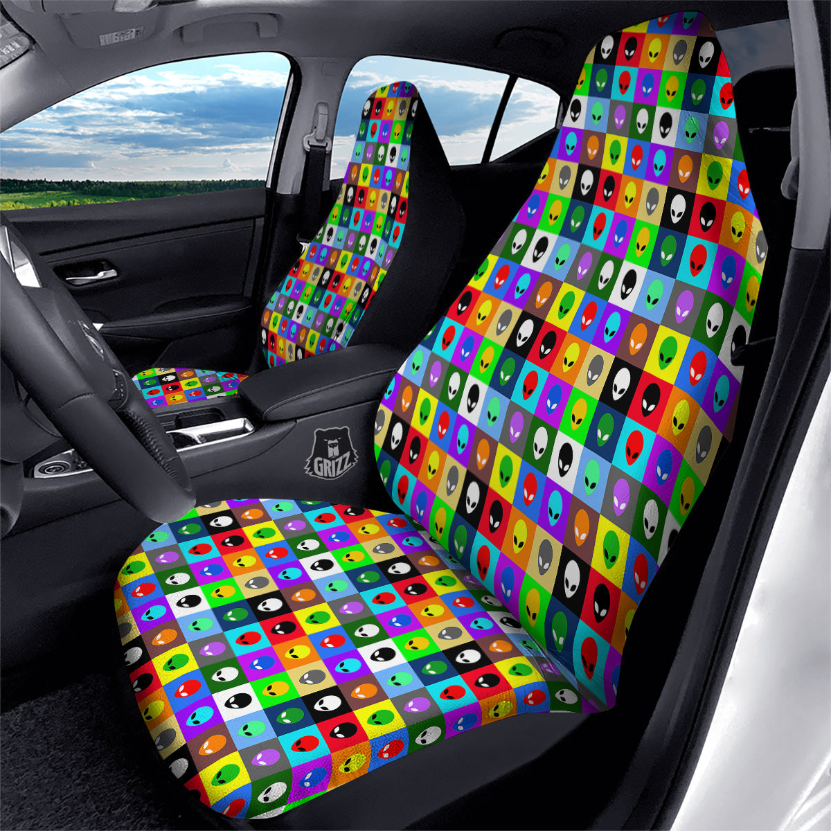 Colorful Retro Aliens Face Print Pattern Car Seat Covers-grizzshop