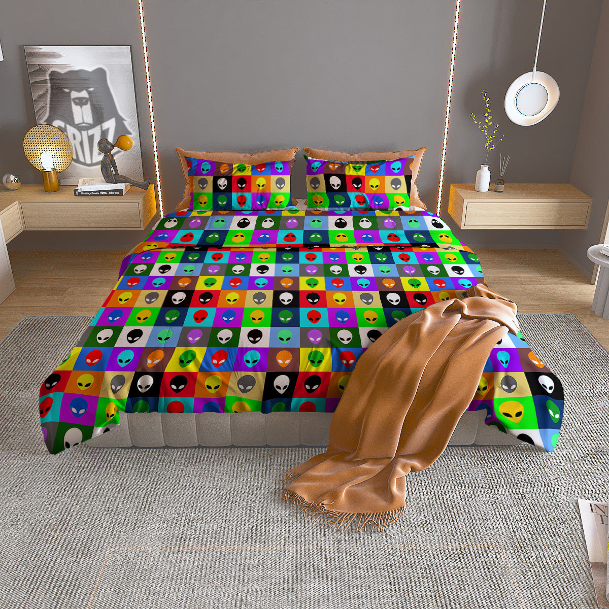 Colorful Retro Aliens Face Print Pattern Duvet Cover Bedding Set