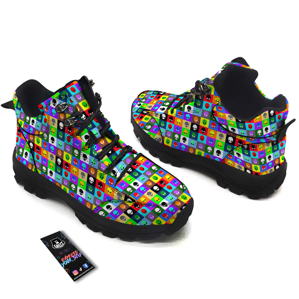 Colorful Retro Aliens Face Print Pattern Hiking Shoes-grizzshop
