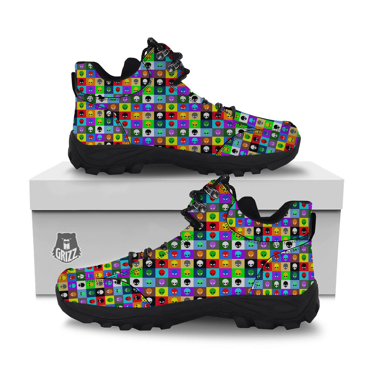 Colorful Retro Aliens Face Print Pattern Hiking Shoes-grizzshop