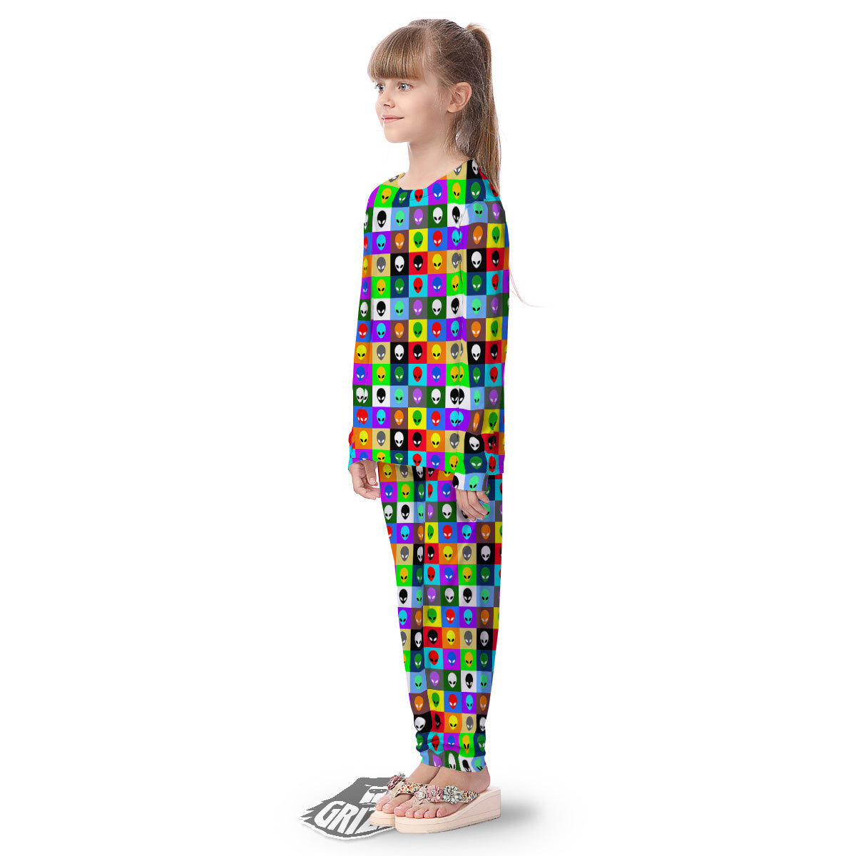 Colorful Retro Aliens Face Print Pattern Kid's Pajamas-grizzshop