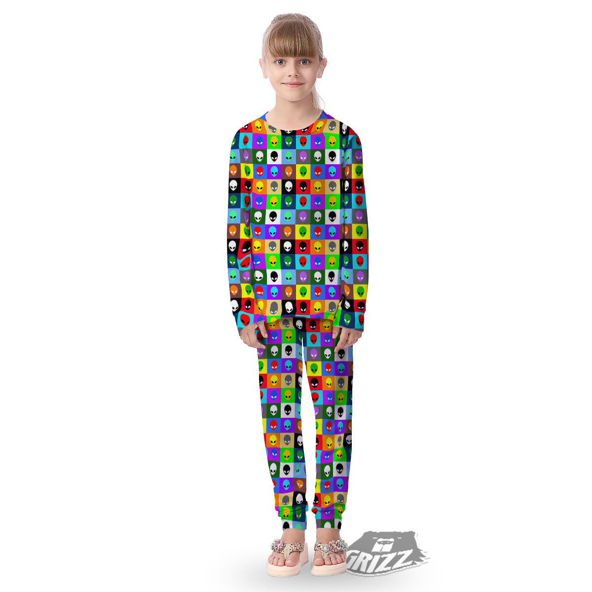 Colorful Retro Aliens Face Print Pattern Kid's Pajamas-grizzshop
