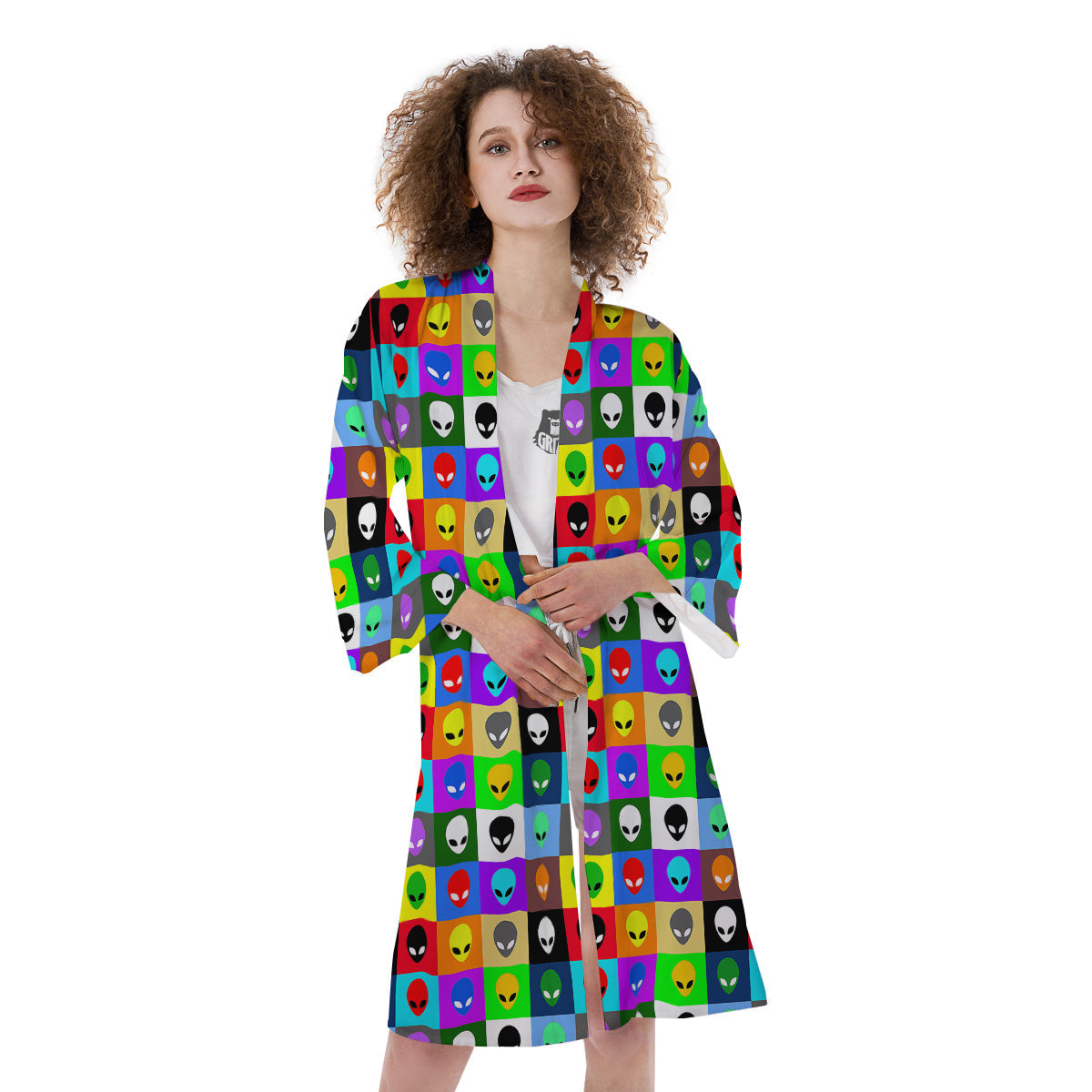 Colorful Retro Aliens Face Print Pattern Kimono-grizzshop