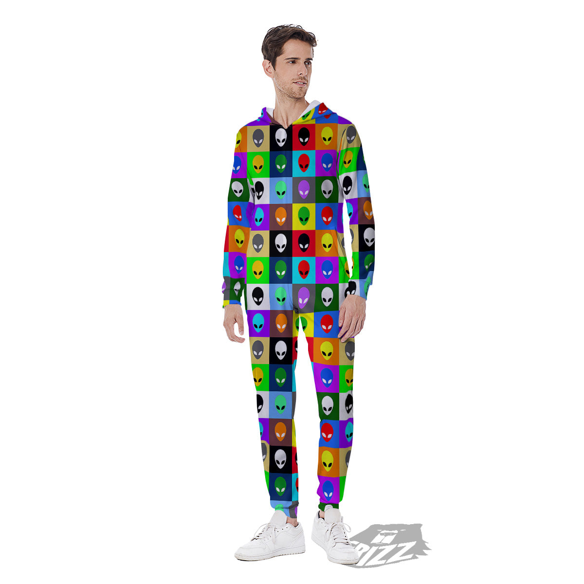 Colorful Retro Aliens Face Print Pattern Men's Jumpsuit-grizzshop