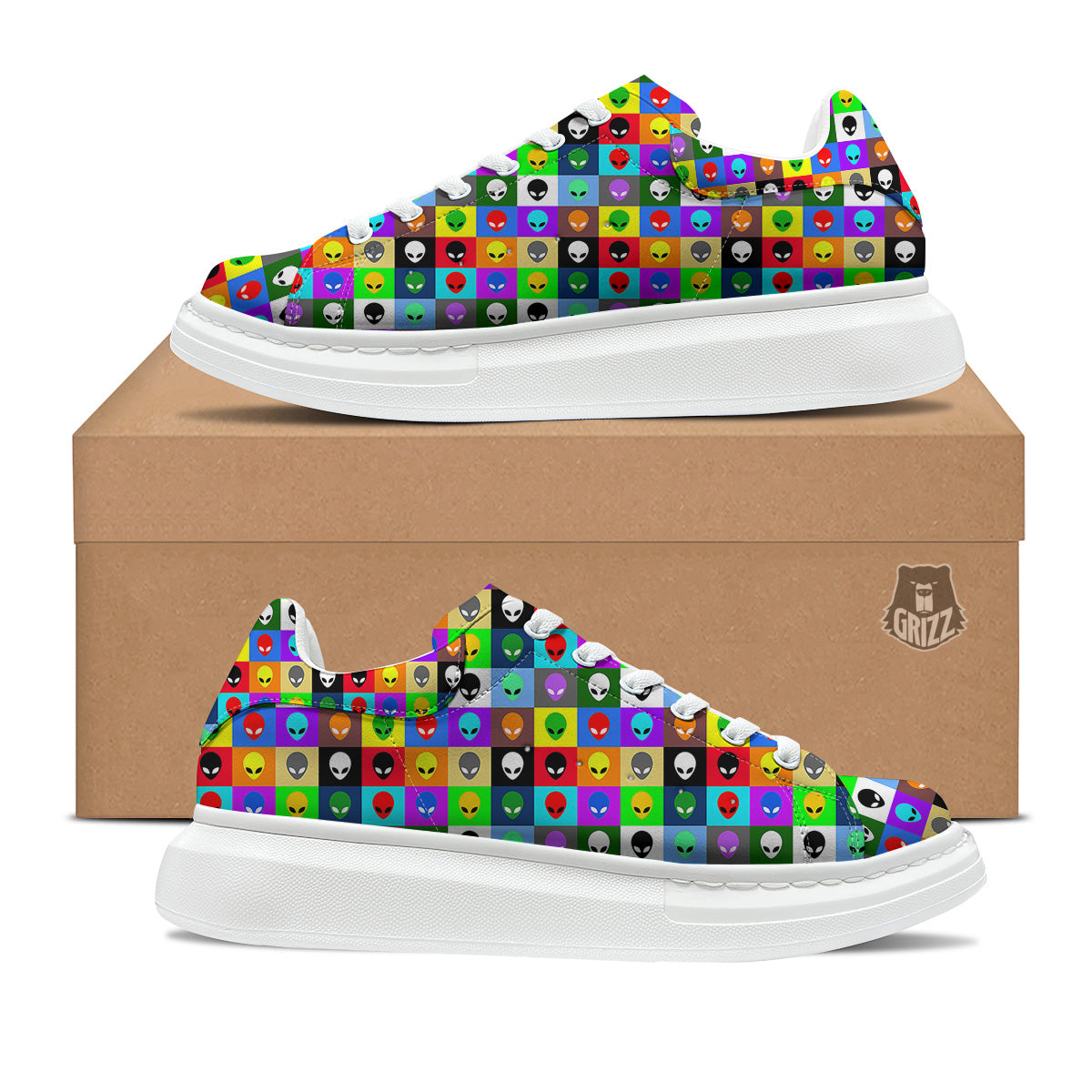 Colorful Retro Aliens Face Print Pattern Platform Shoes-grizzshop