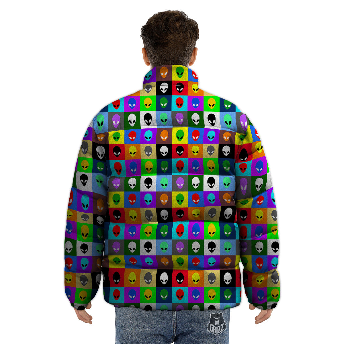 Colorful Retro Aliens Face Print Pattern Puffer Jacket-grizzshop