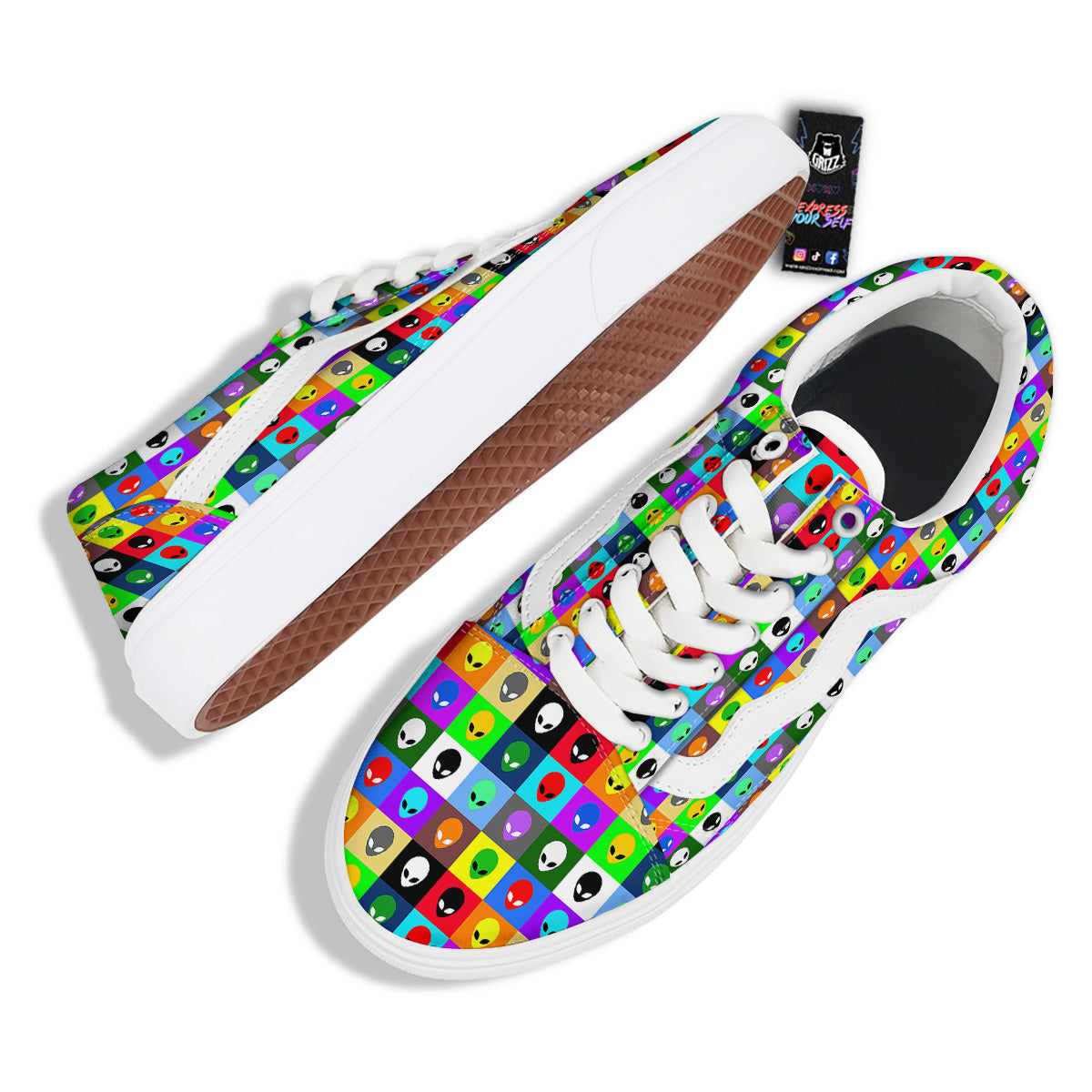 Colorful Retro Aliens Face Print Pattern Skate Shoes-grizzshop