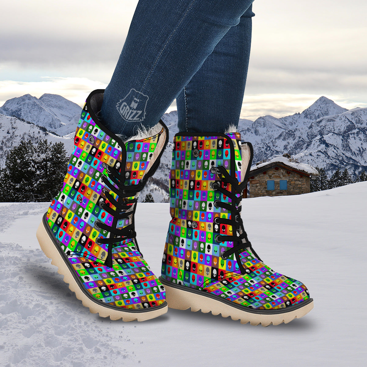 Colorful Retro Aliens Face Print Pattern Snow Boots-grizzshop