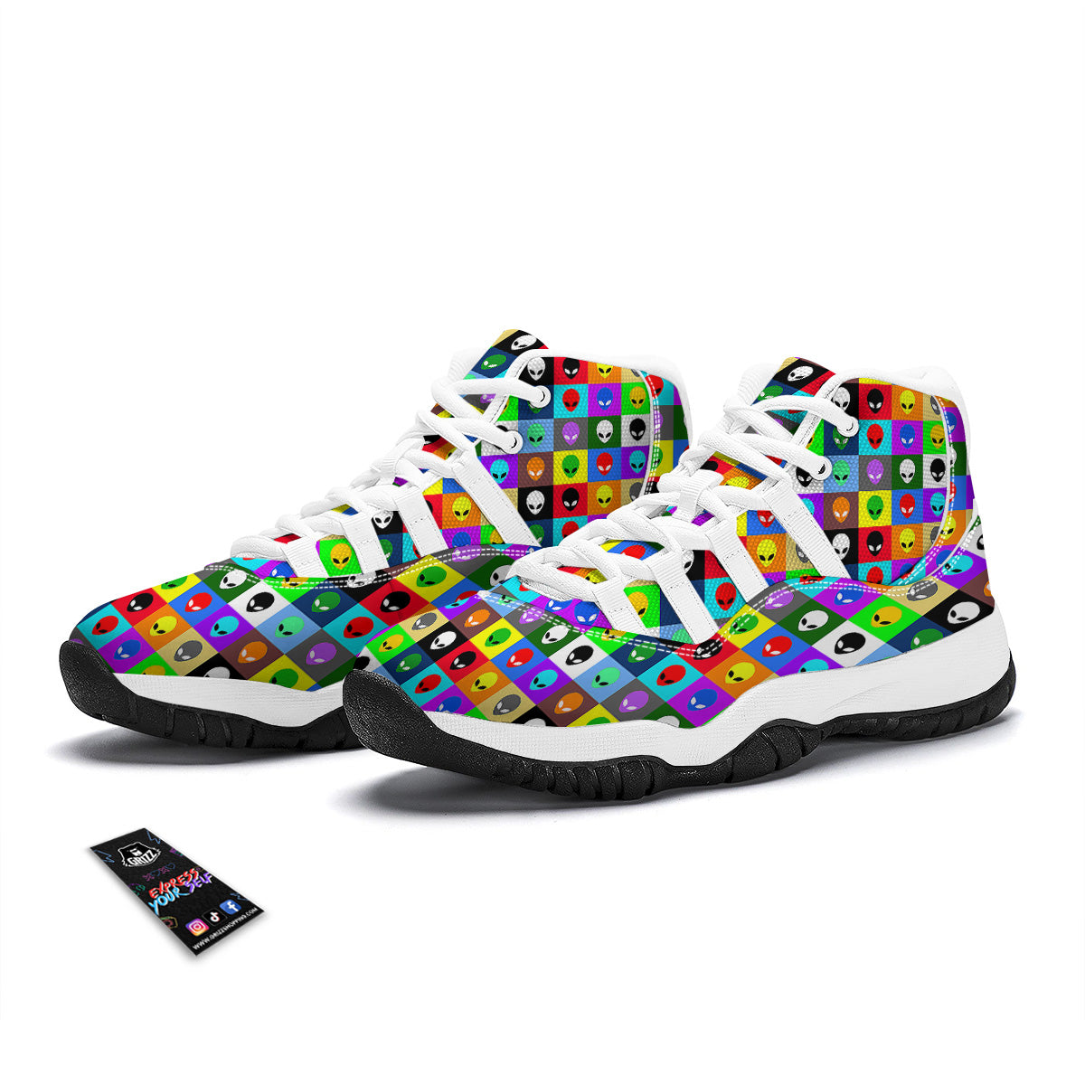 Colorful Retro Aliens Face Print Pattern White Bball Shoes-grizzshop