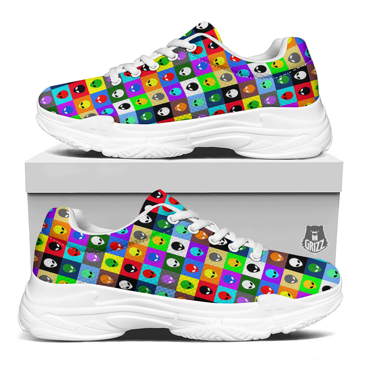 Colorful Retro Aliens Face Print Pattern White Chunky Shoes-grizzshop