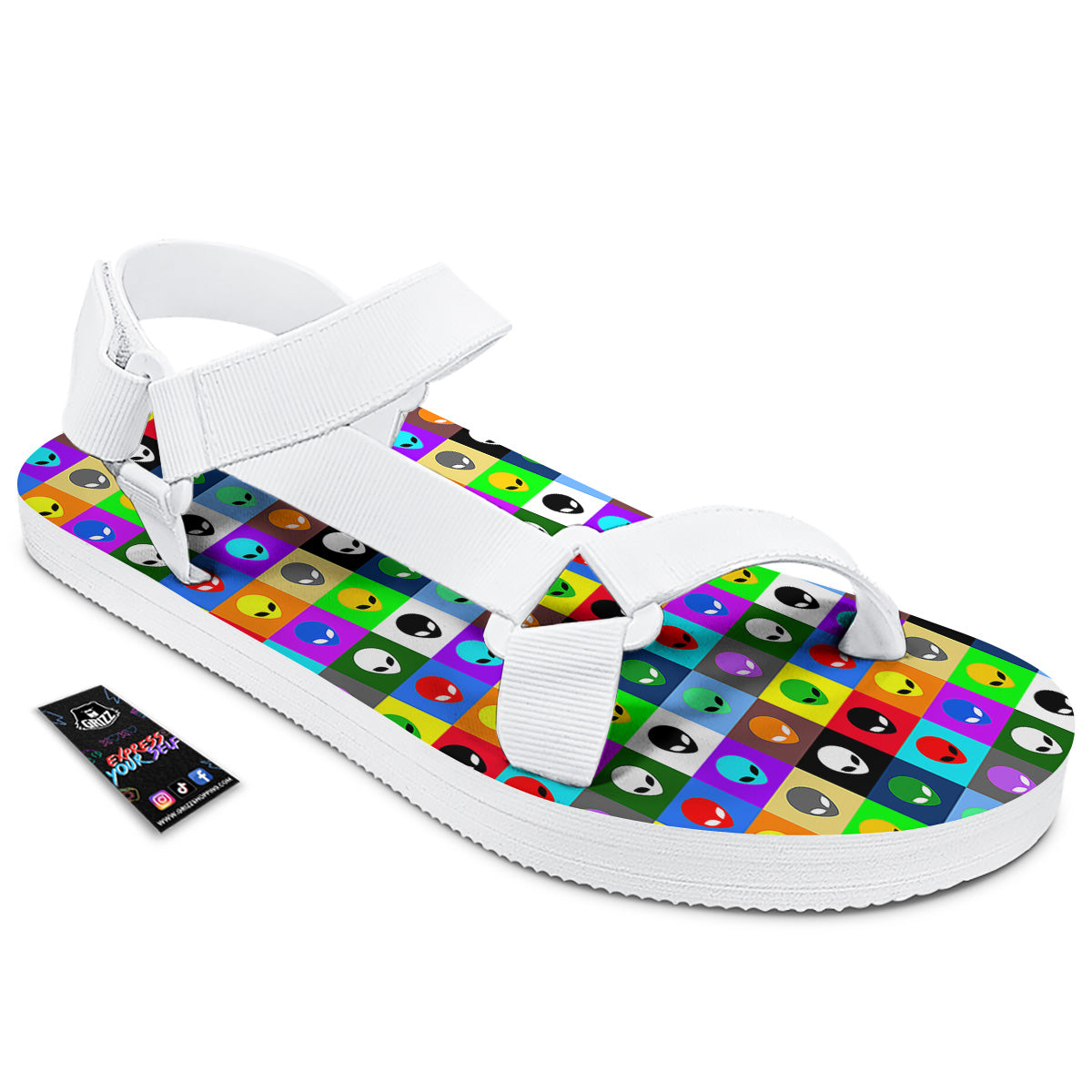 Colorful Retro Aliens Face Print Pattern White Open Toe Sandals-grizzshop