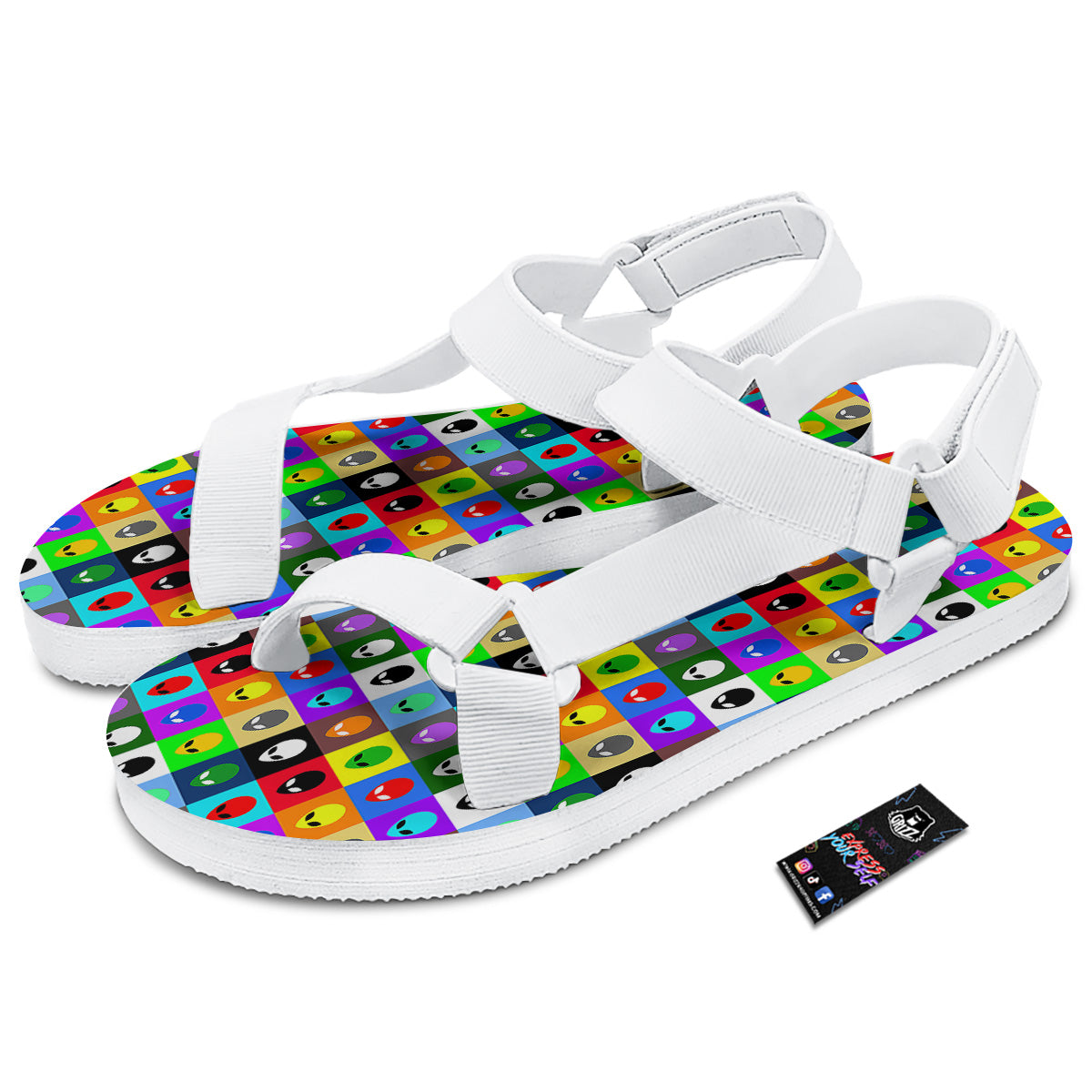 Colorful Retro Aliens Face Print Pattern White Open Toe Sandals-grizzshop