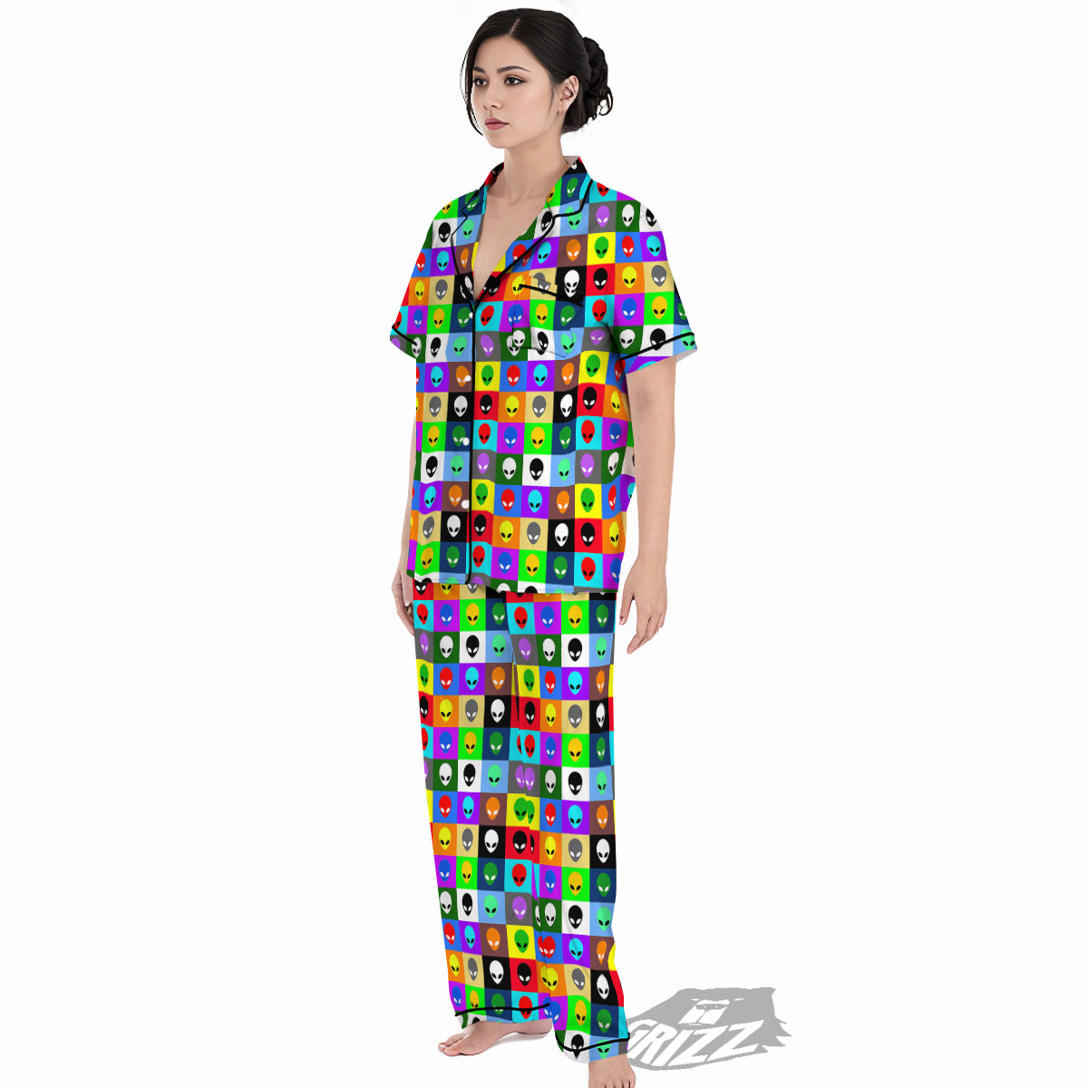 Colorful Retro Aliens Face Print Pattern Women's Pajamas Set-grizzshop
